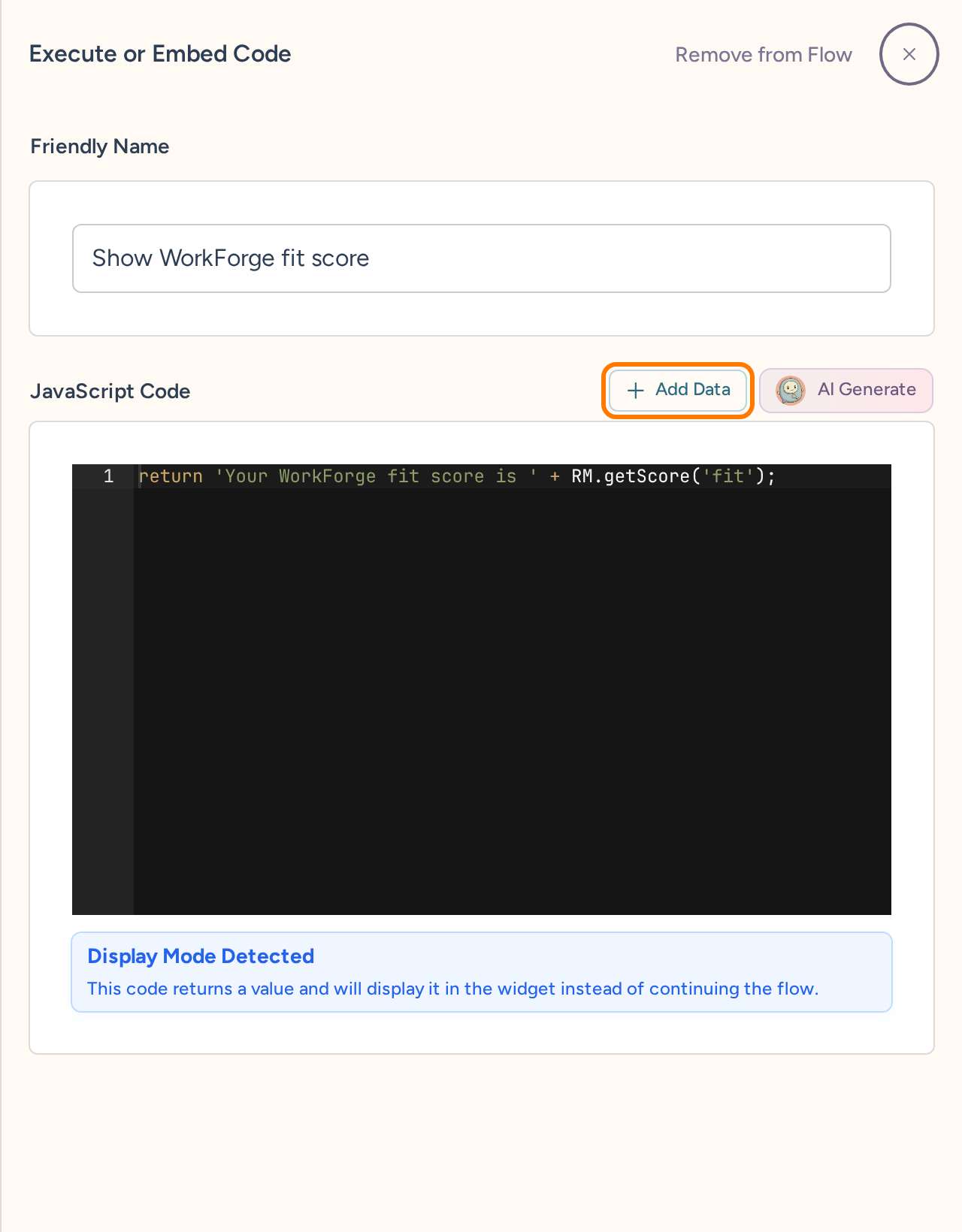Code node editor with a WorkForge score result, JavaScript Code, Add Data, and AI Generate