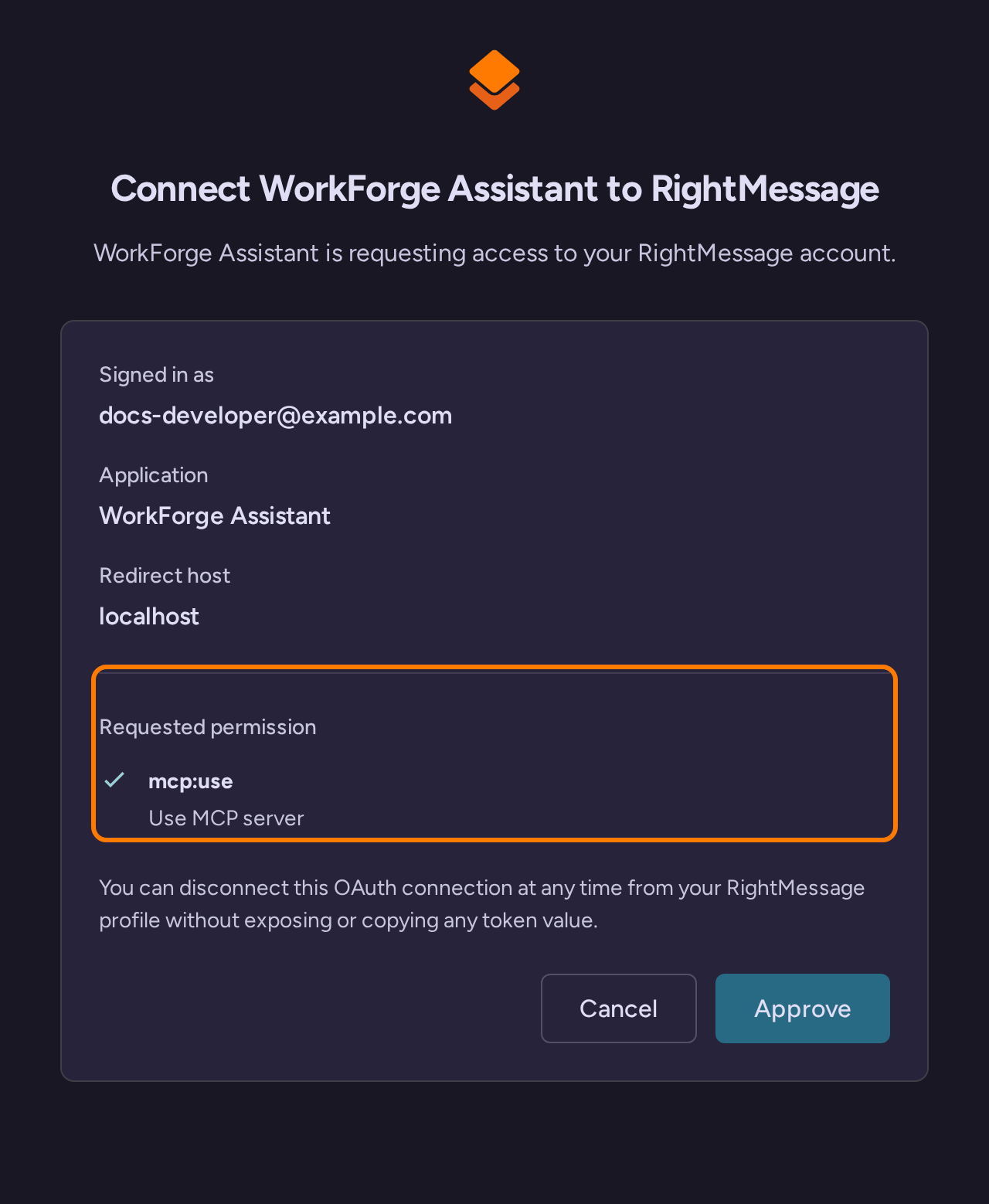 RightMessage OAuth approval for WorkForge Assistant, signed in as docs-developer@example.com, requesting mcp:use permission