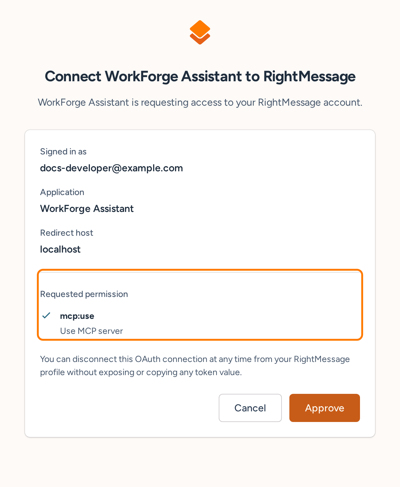 RightMessage OAuth approval for WorkForge Assistant, signed in as docs-developer@example.com, requesting mcp:use permission