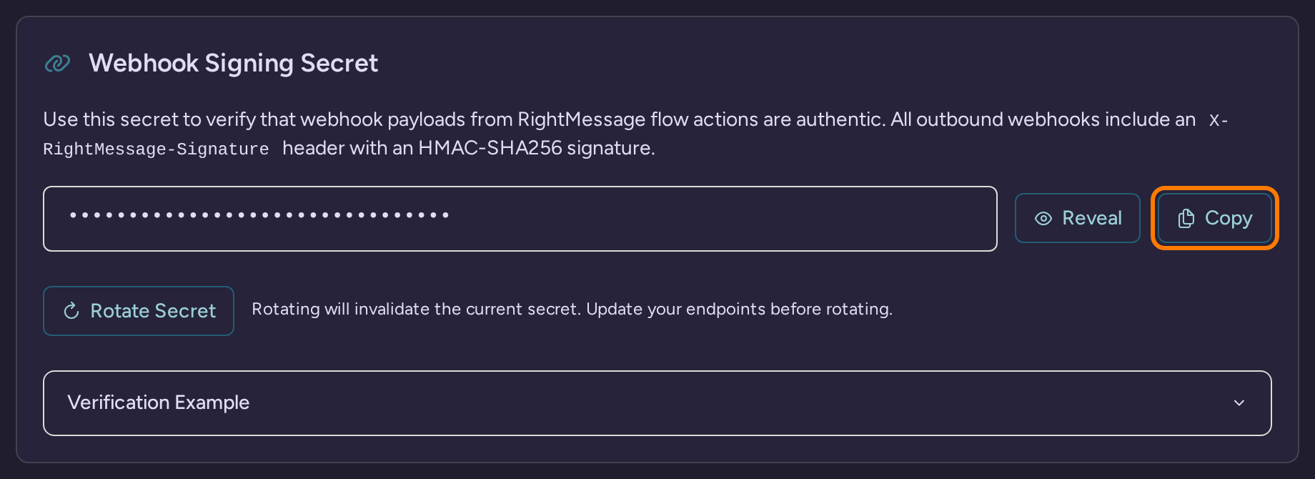 Webhook Signing Secret settings with the secret masked and Reveal, Copy, Rotate Secret, and Verification Example controls