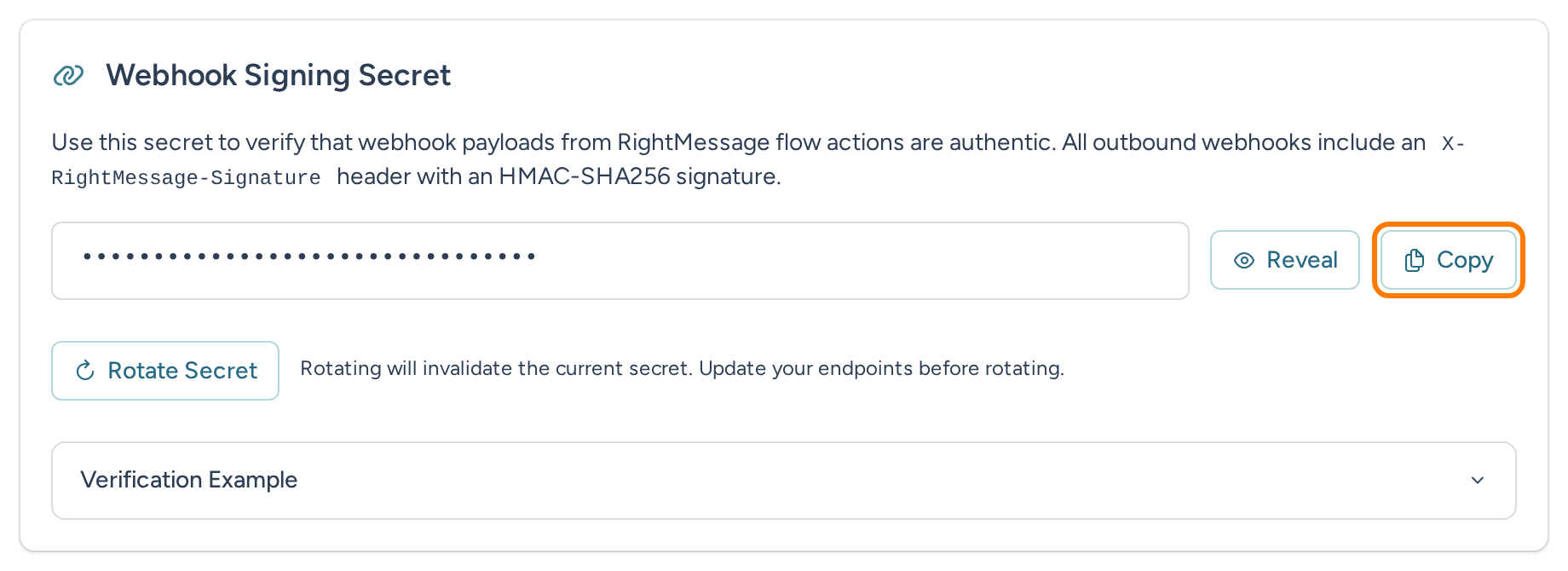Webhook Signing Secret settings with the secret masked and Reveal, Copy, Rotate Secret, and Verification Example controls