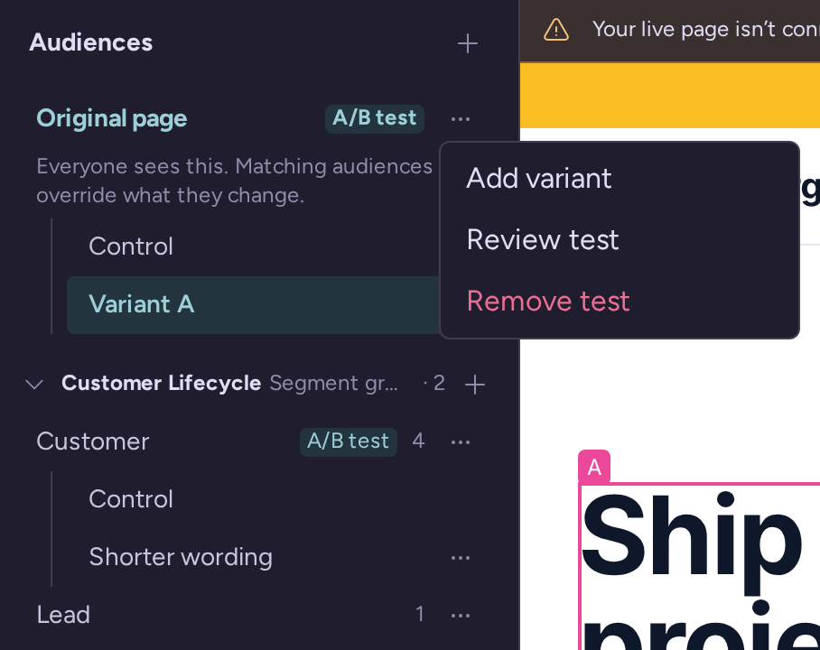Campaign editor audiences with an Original page A/B test, its Control and Variant A, and the Add variant, Review test and Remove test menu