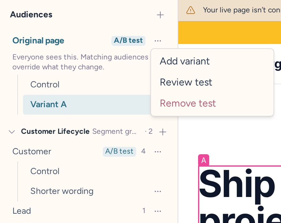 Campaign editor audiences with an Original page A/B test, its Control and Variant A, and the Add variant, Review test and Remove test menu