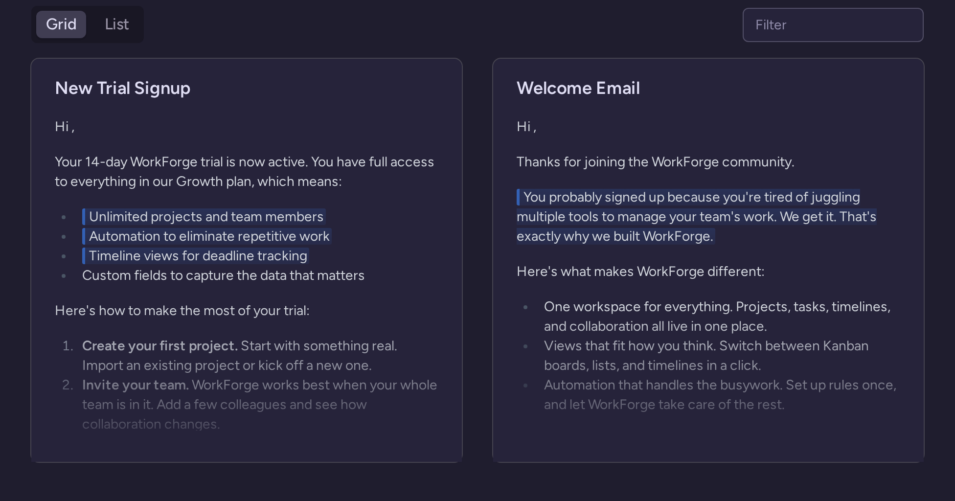Personalized email library containing trial signup and welcome email content
