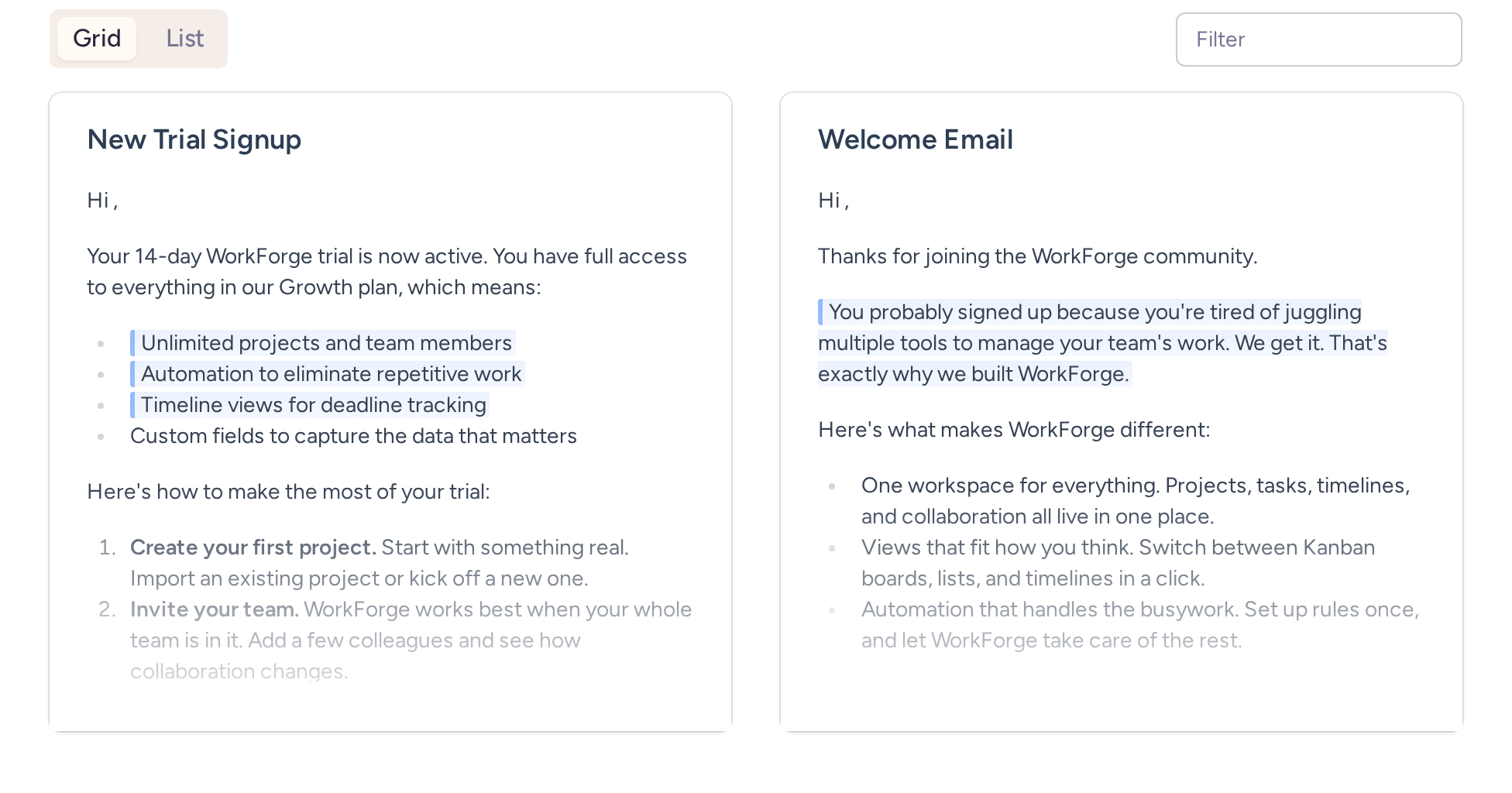Personalized email library containing trial signup and welcome email content
