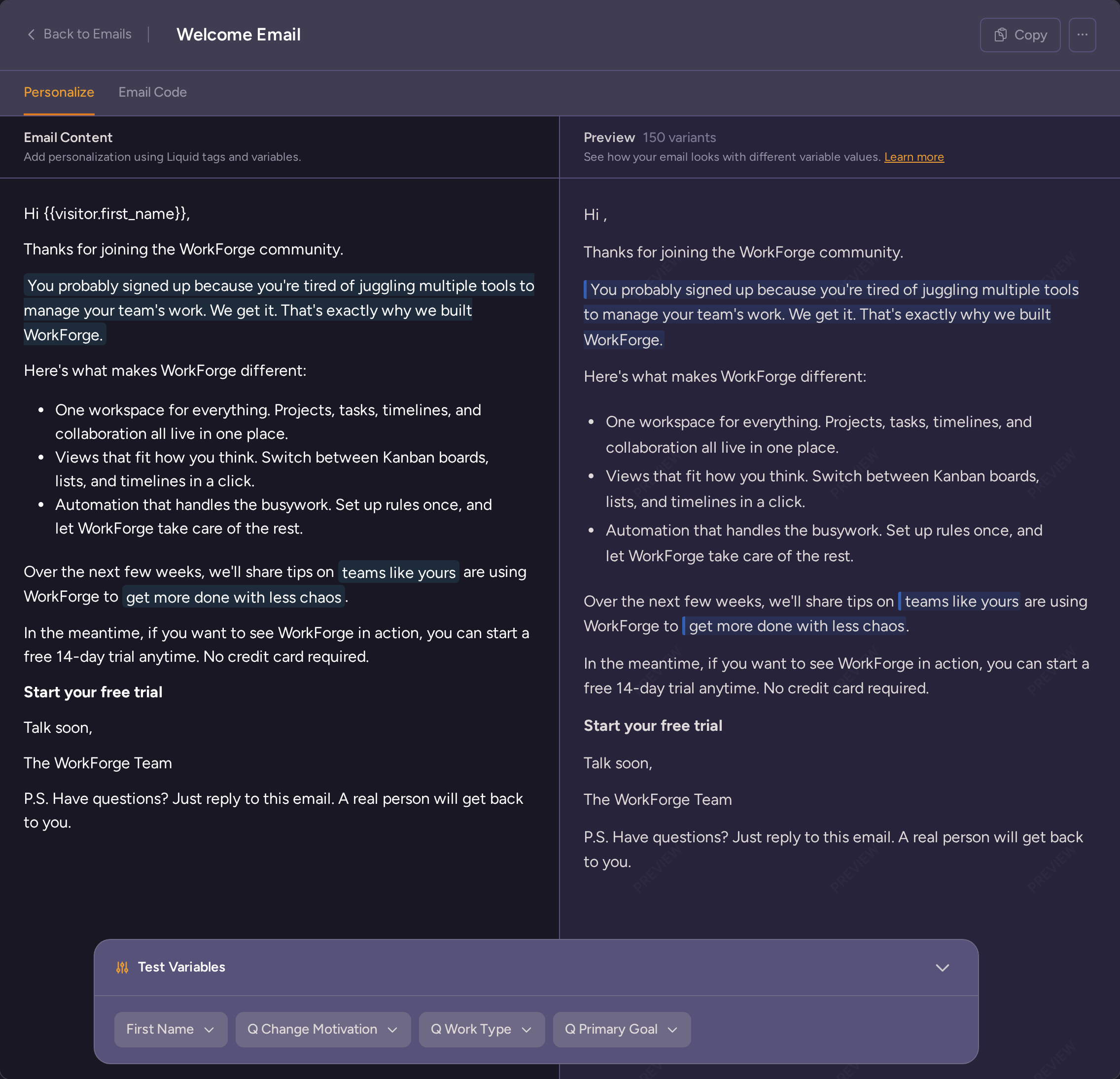 Personalized welcome email editor with subscriber segment controls