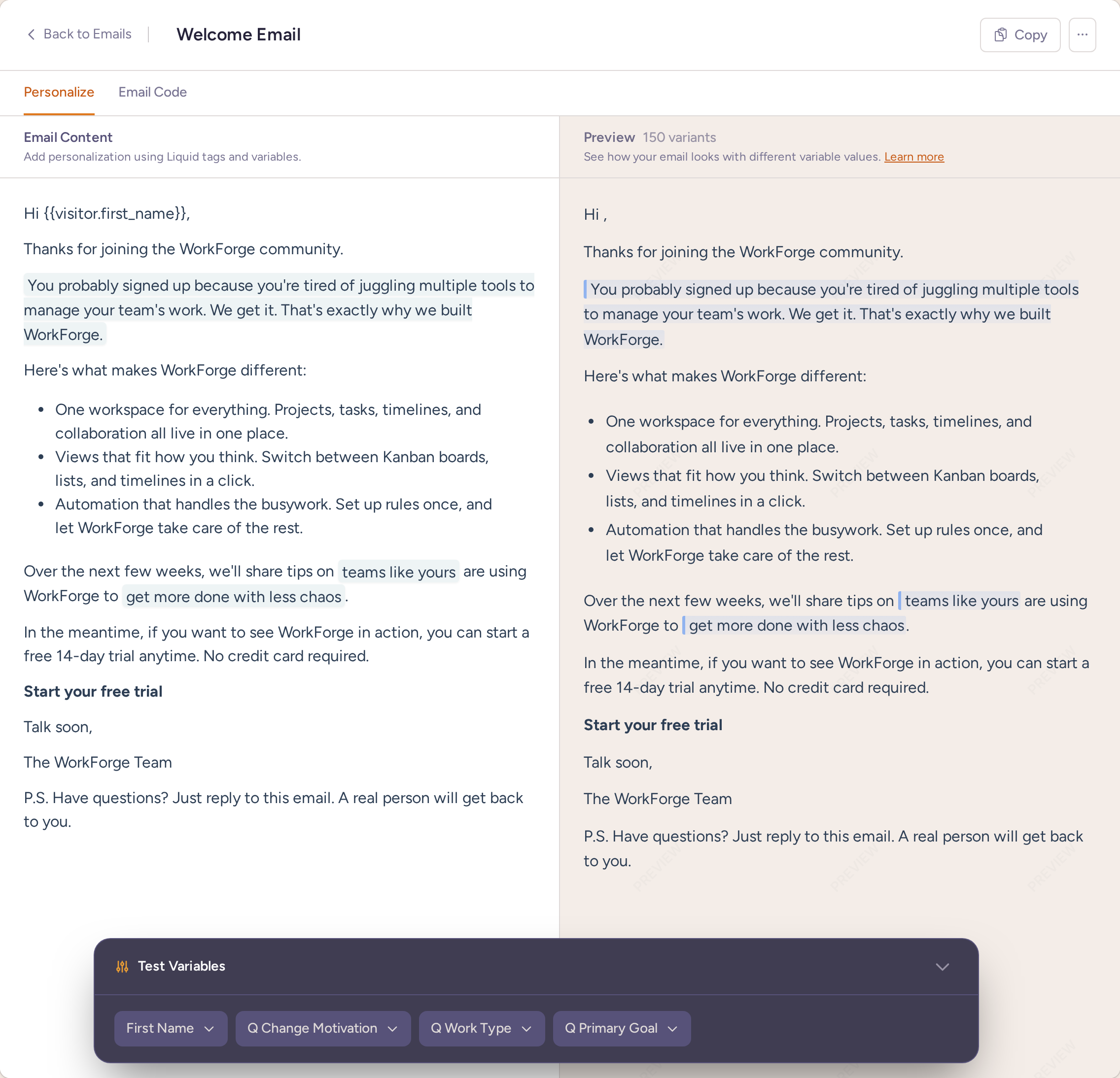 Personalized welcome email editor with subscriber segment controls