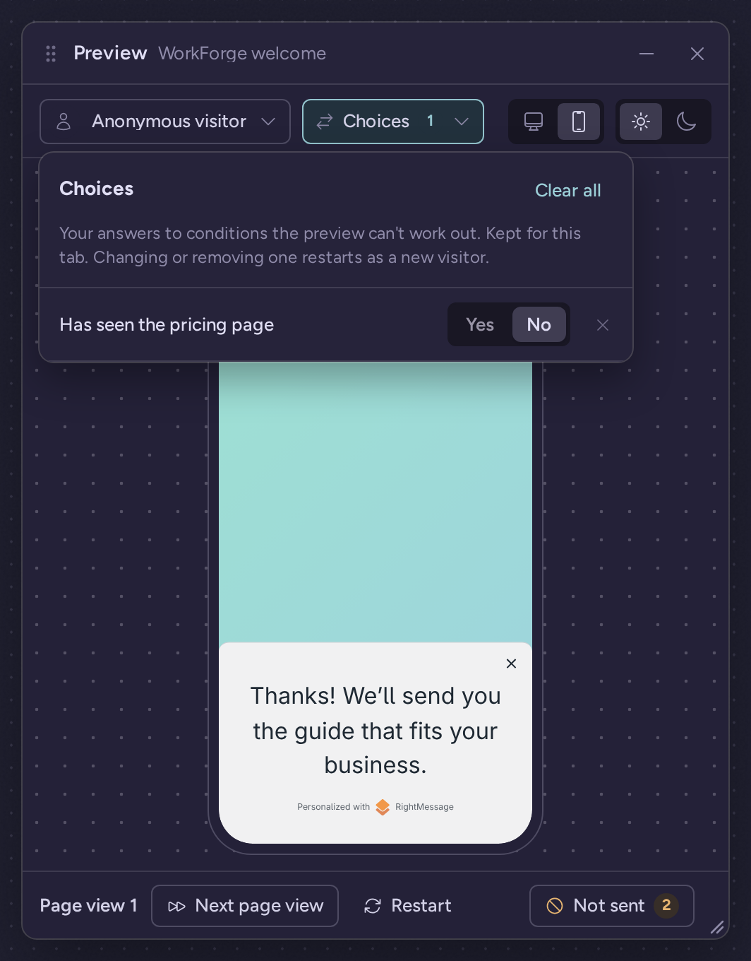 Preview window showing the thank-you message after the Has seen the pricing page condition was answered No, with the Choices popover listing that choice as a Yes or No switch