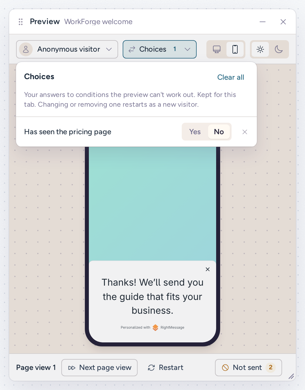 Preview window showing the thank-you message after the Has seen the pricing page condition was answered No, with the Choices popover listing that choice as a Yes or No switch