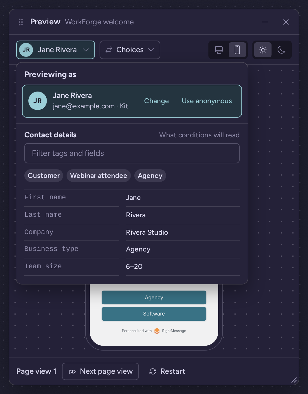 Previewing as popover showing the example contact Jane Rivera from the email platform, with her tags and fields under a filter