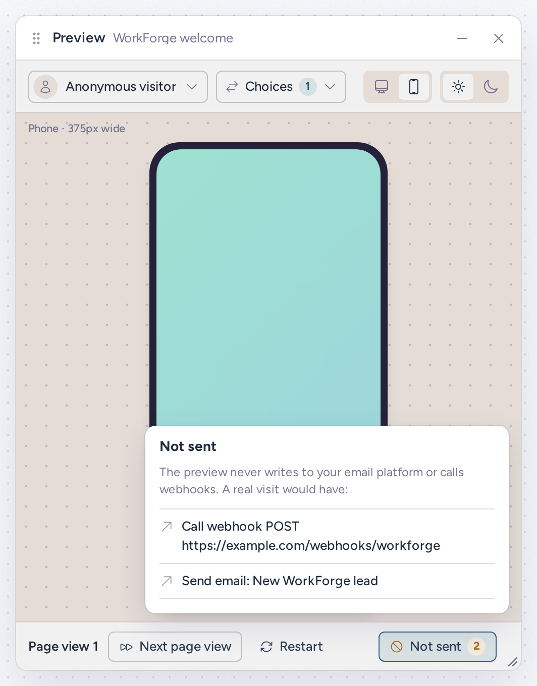 Preview Not sent popover listing the webhook call and the New WorkForge lead email that a real visit would have made