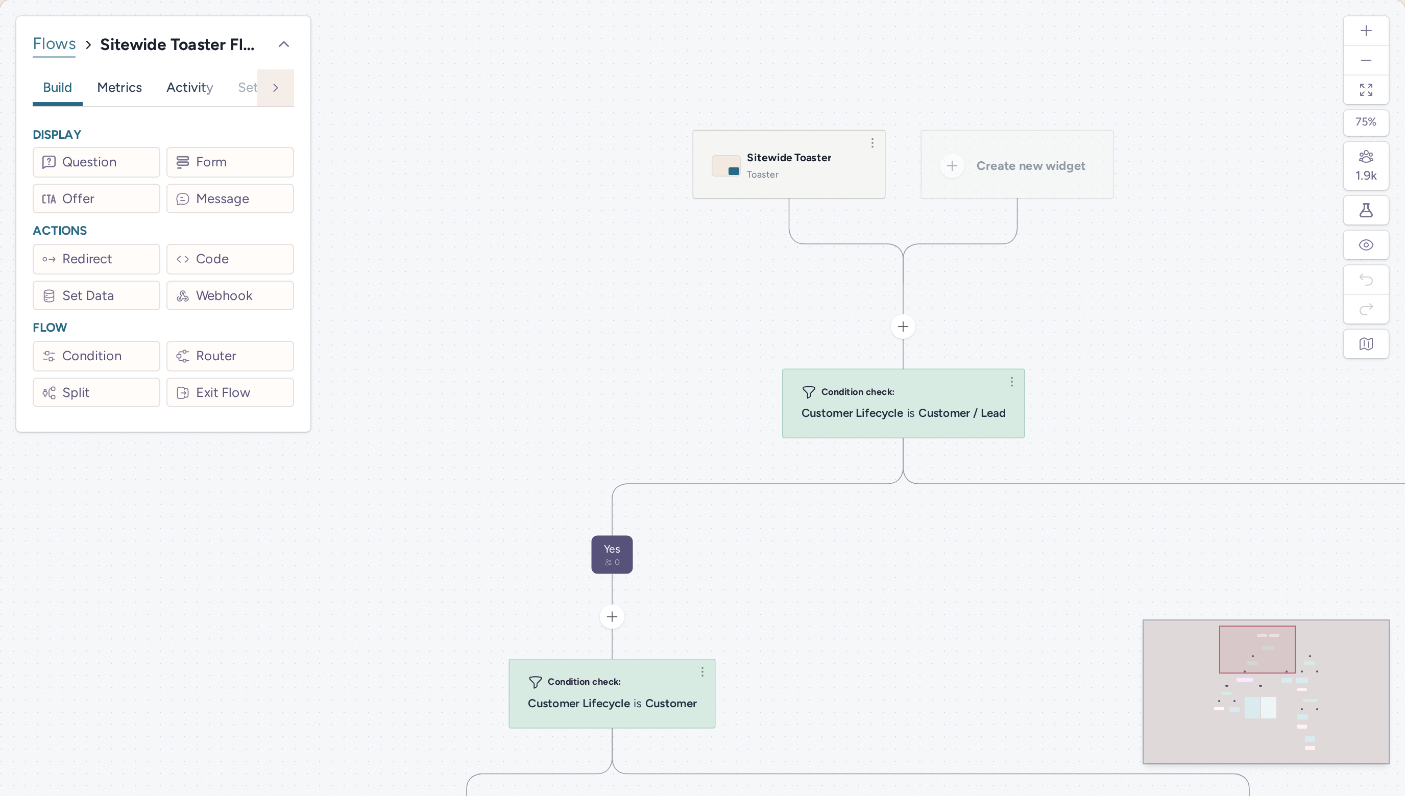 Flow builder overview with the Sitewide Toaster entry and Customer Lifecycle condition branches
