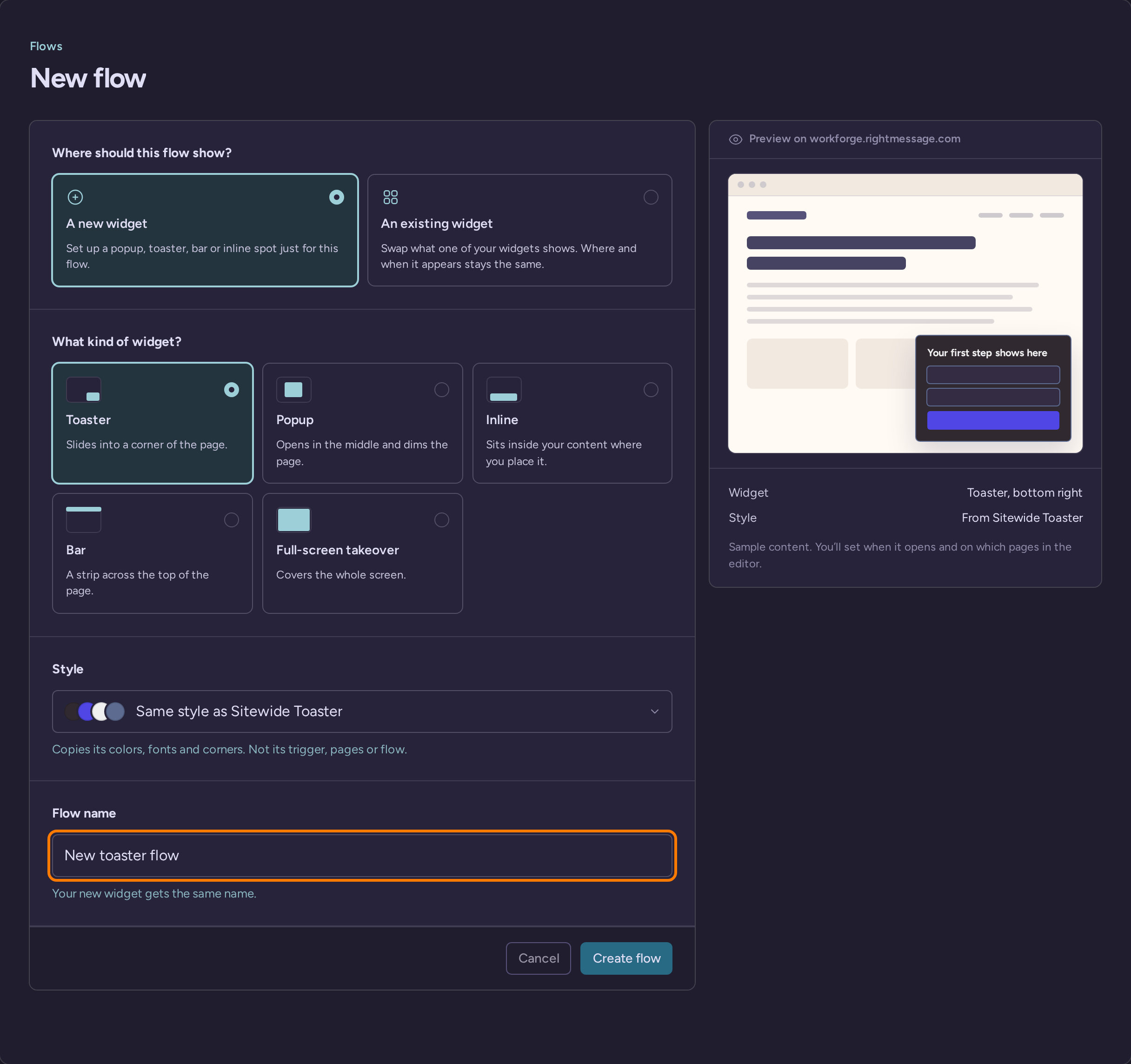 New flow setup with widget type, style, flow name, and Create flow controls