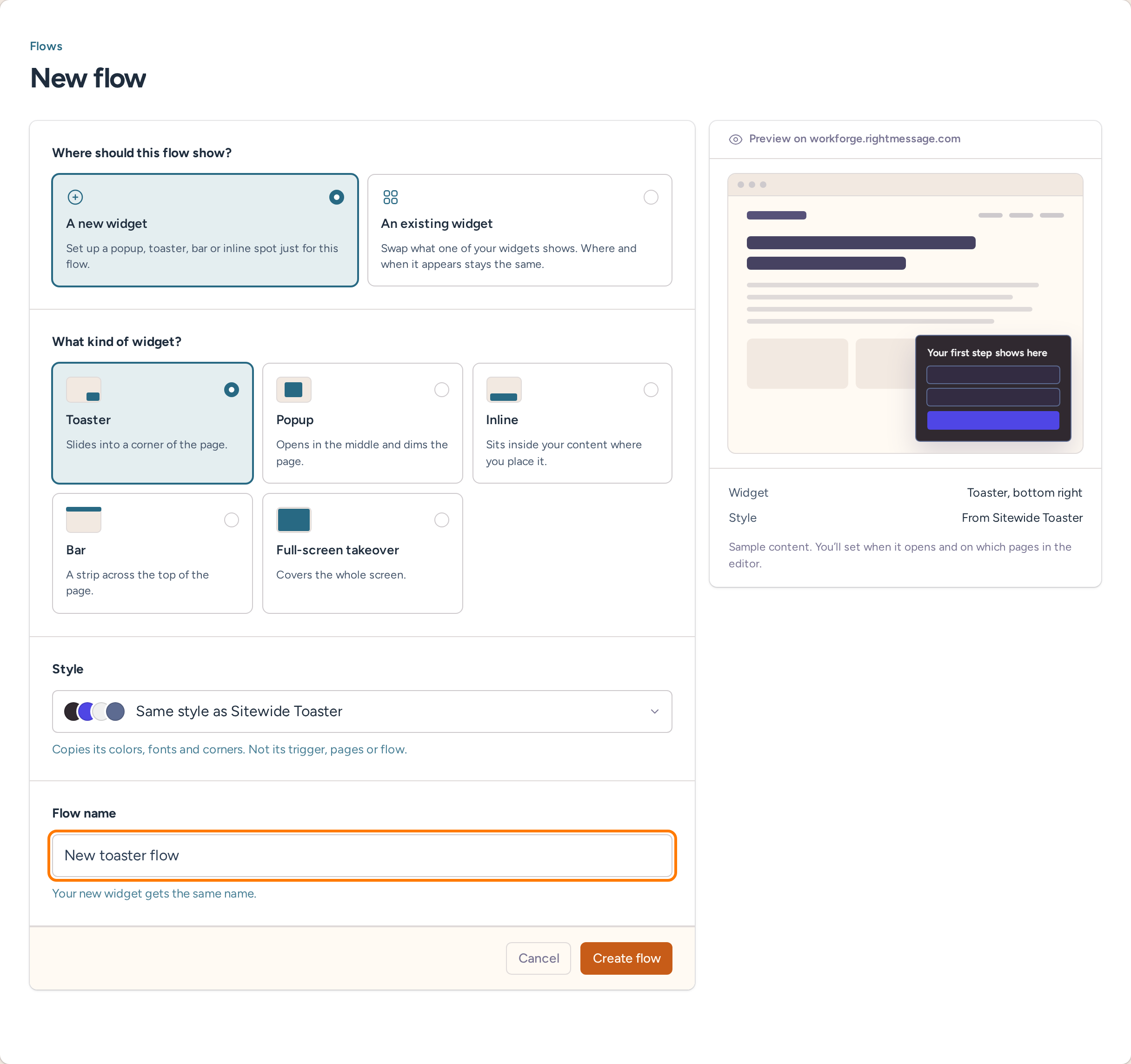 New flow setup with widget type, style, flow name, and Create flow controls