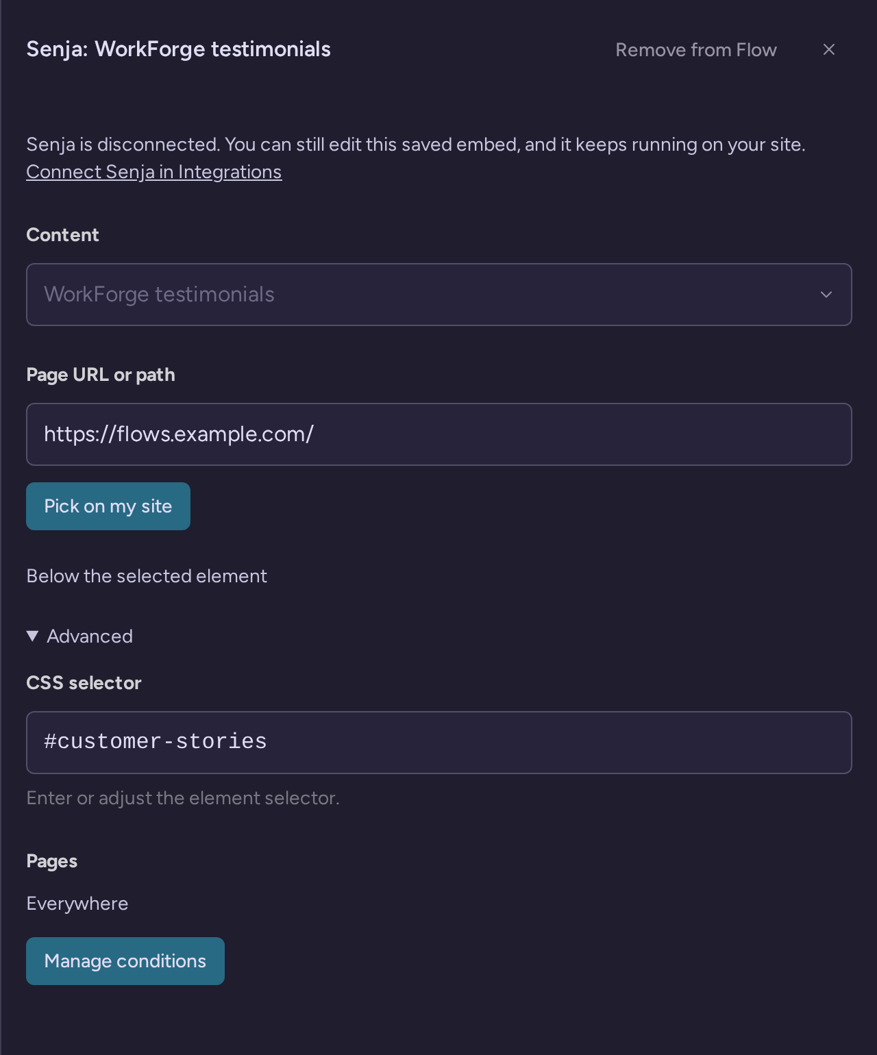 Saved WorkForge Senja embed with page targeting controls and the disconnected-account notice