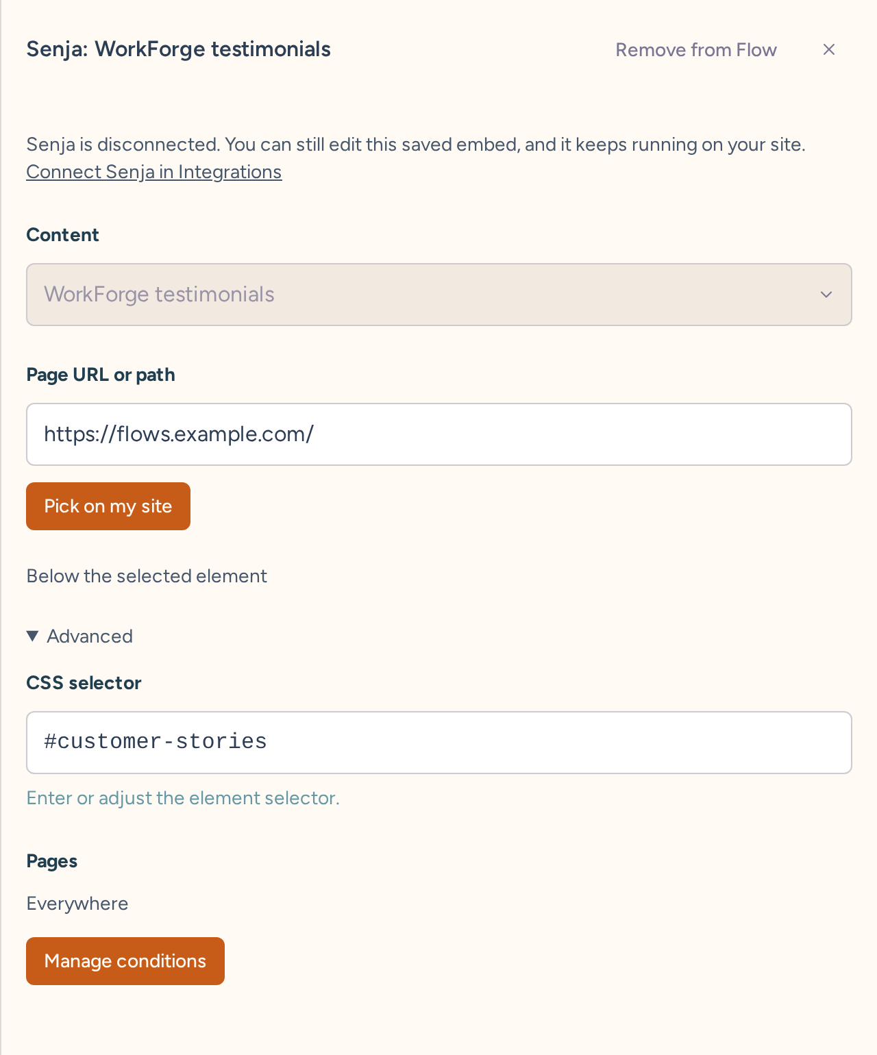 Saved WorkForge Senja embed with page targeting controls and the disconnected-account notice