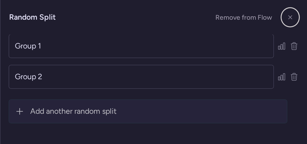Random Split editor with its two default groups and Add another random split control