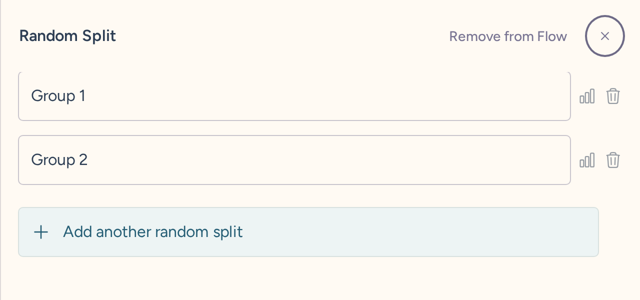 Random Split editor with its two default groups and Add another random split control