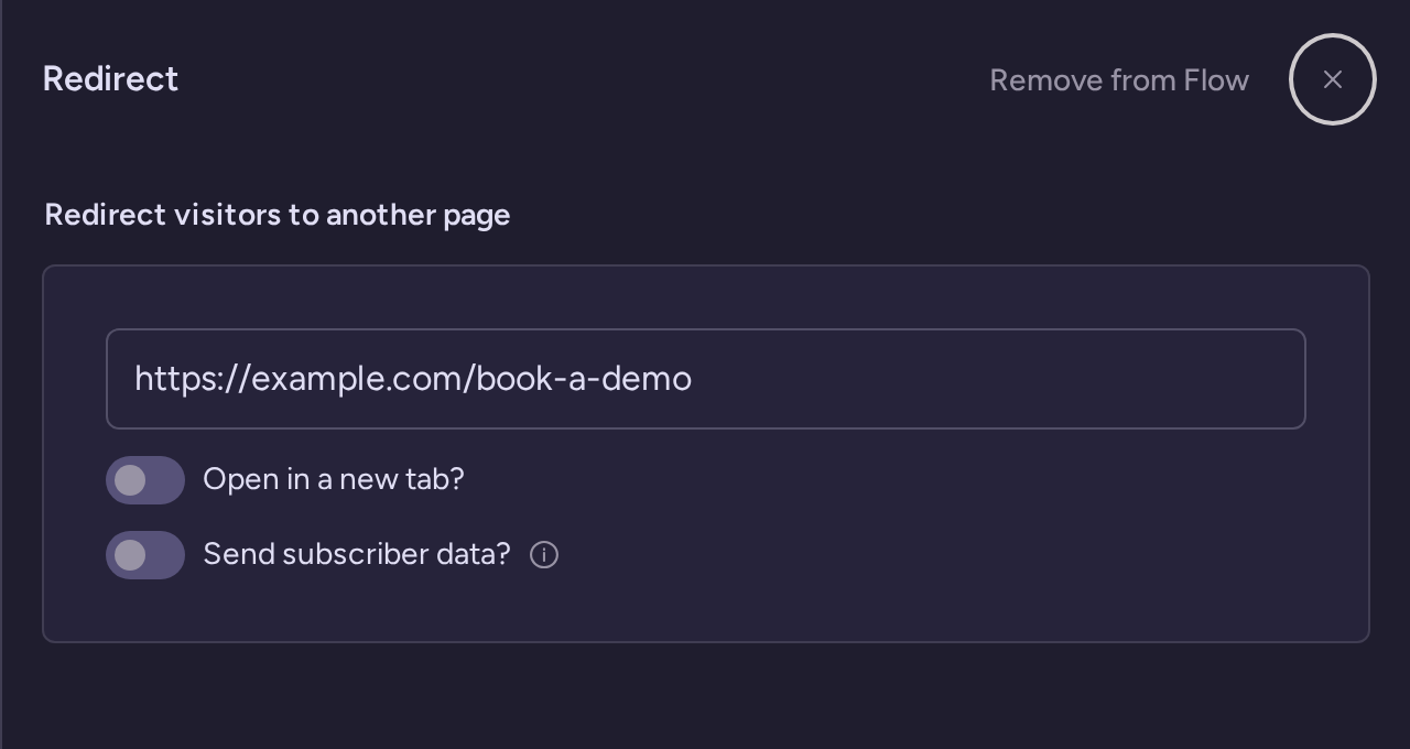 Redirect editor with the example booking URL and new-tab and subscriber-data switches off
