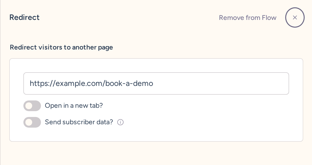 Redirect editor with the example booking URL and new-tab and subscriber-data switches off