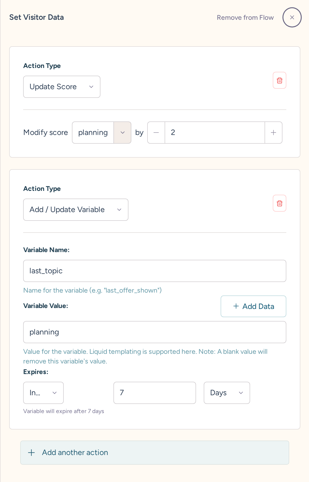 Set Data with a planning score adjustment and a last_topic variable that expires after seven days