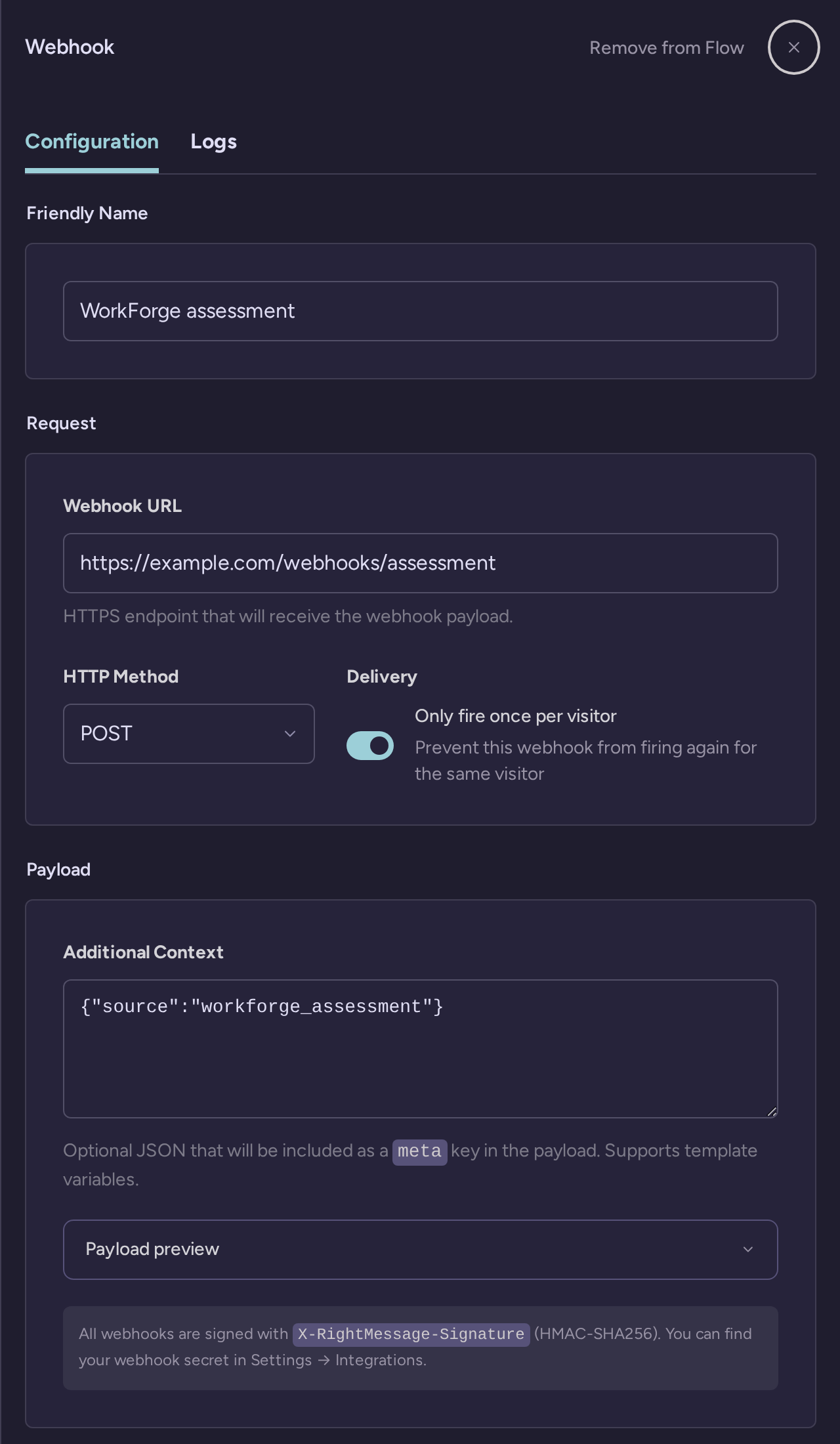 WorkForge webhook configuration with HTTPS URL, POST method, once-per-visitor delivery, and additional context
