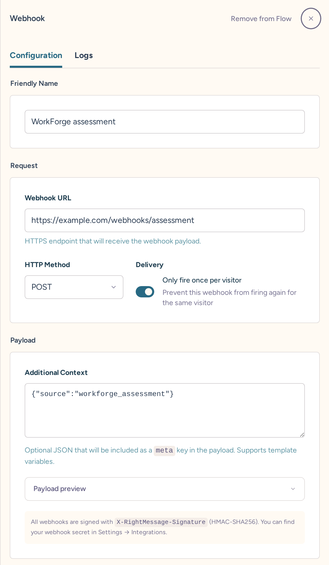 WorkForge webhook configuration with HTTPS URL, POST method, once-per-visitor delivery, and additional context
