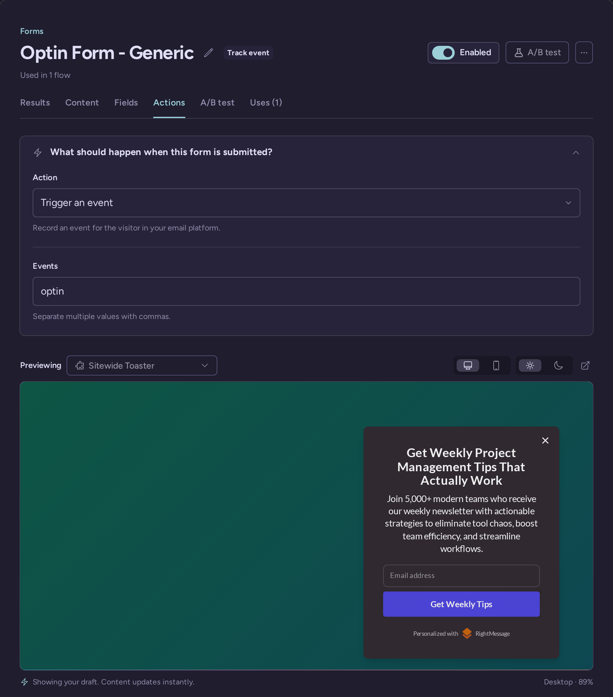 Opt-in form actions editor with the subscriber form preview