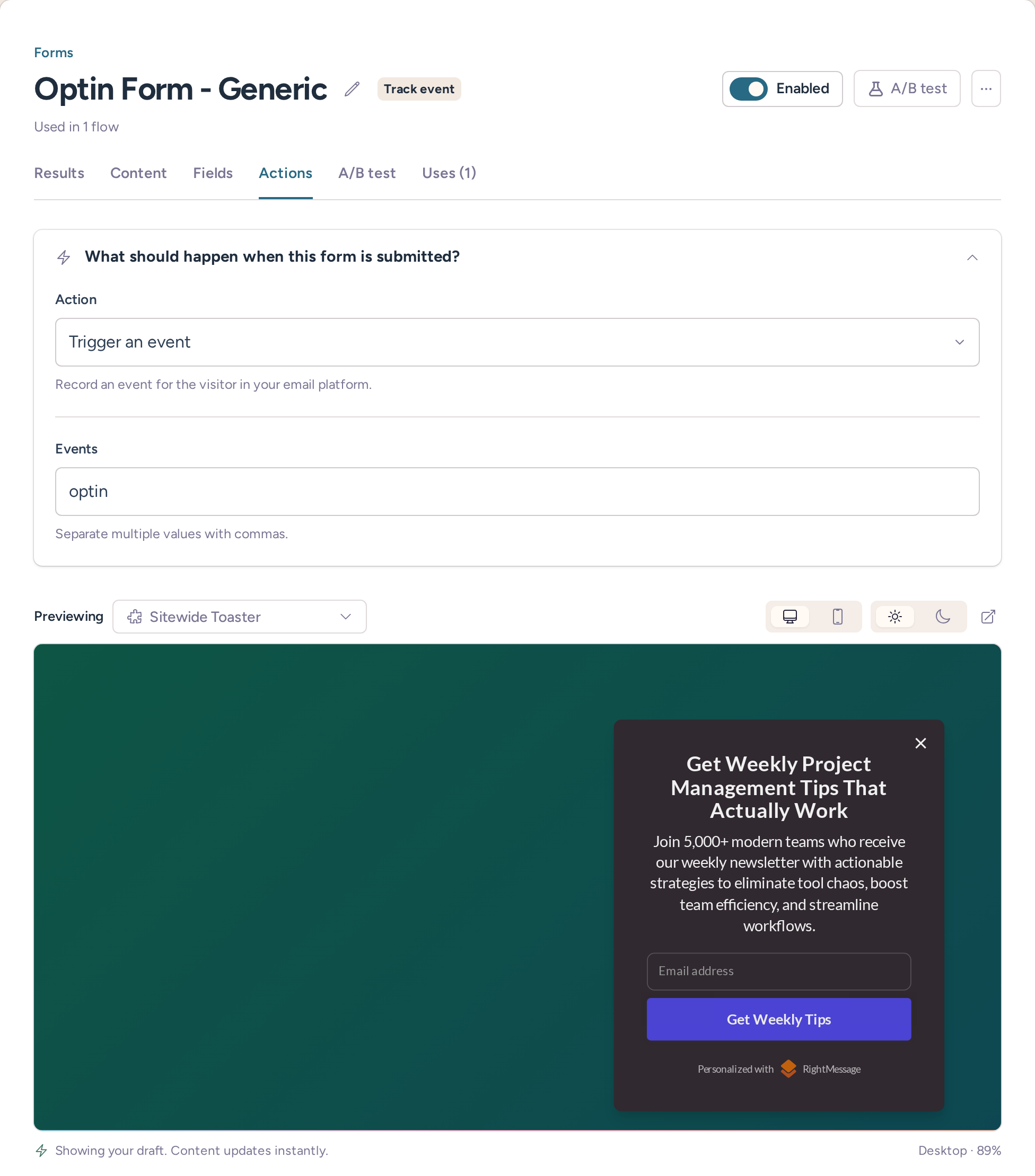 Opt-in form actions editor with the subscriber form preview