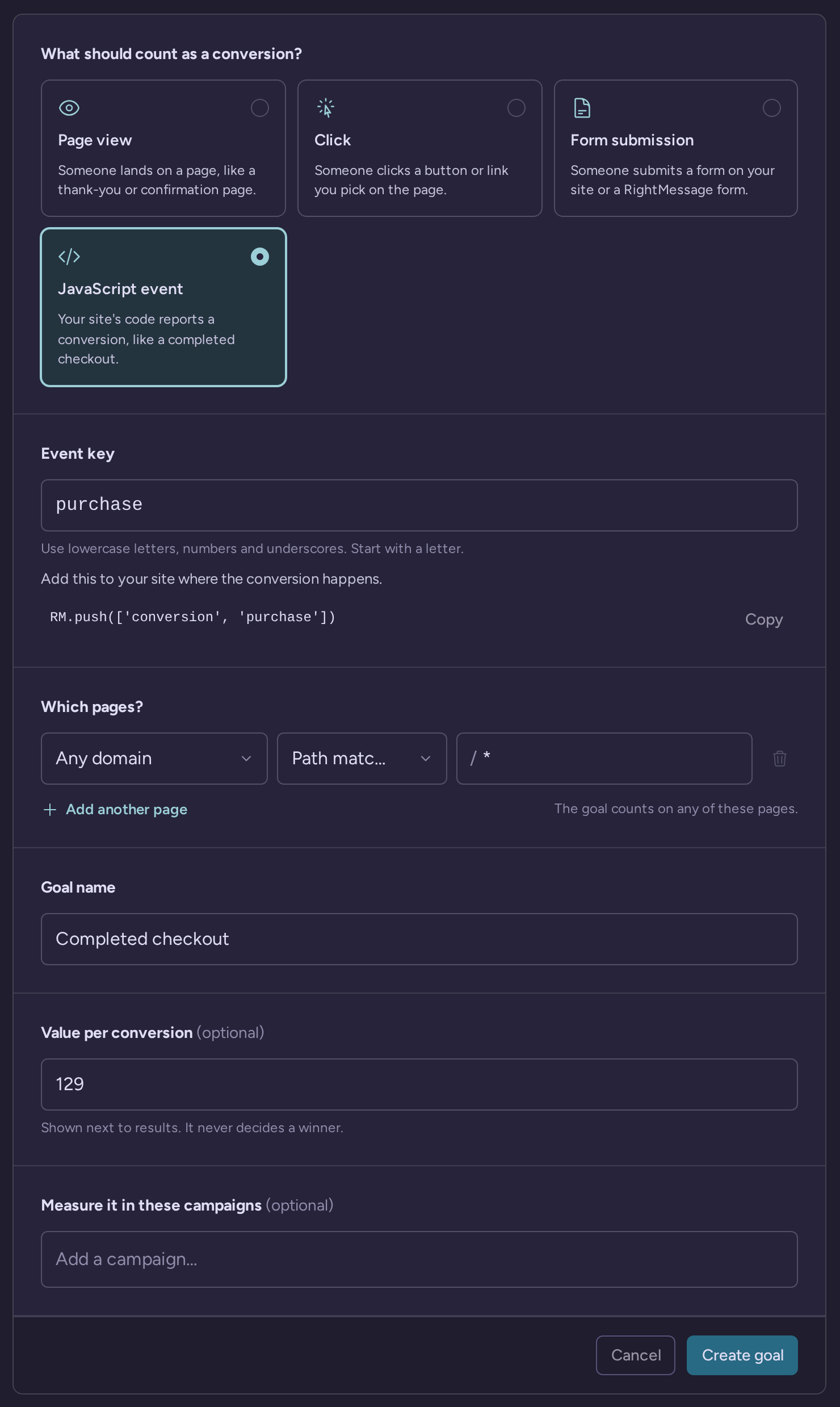 New conversion goal with the JavaScript event type selected, the event key purchase and a value per conversion