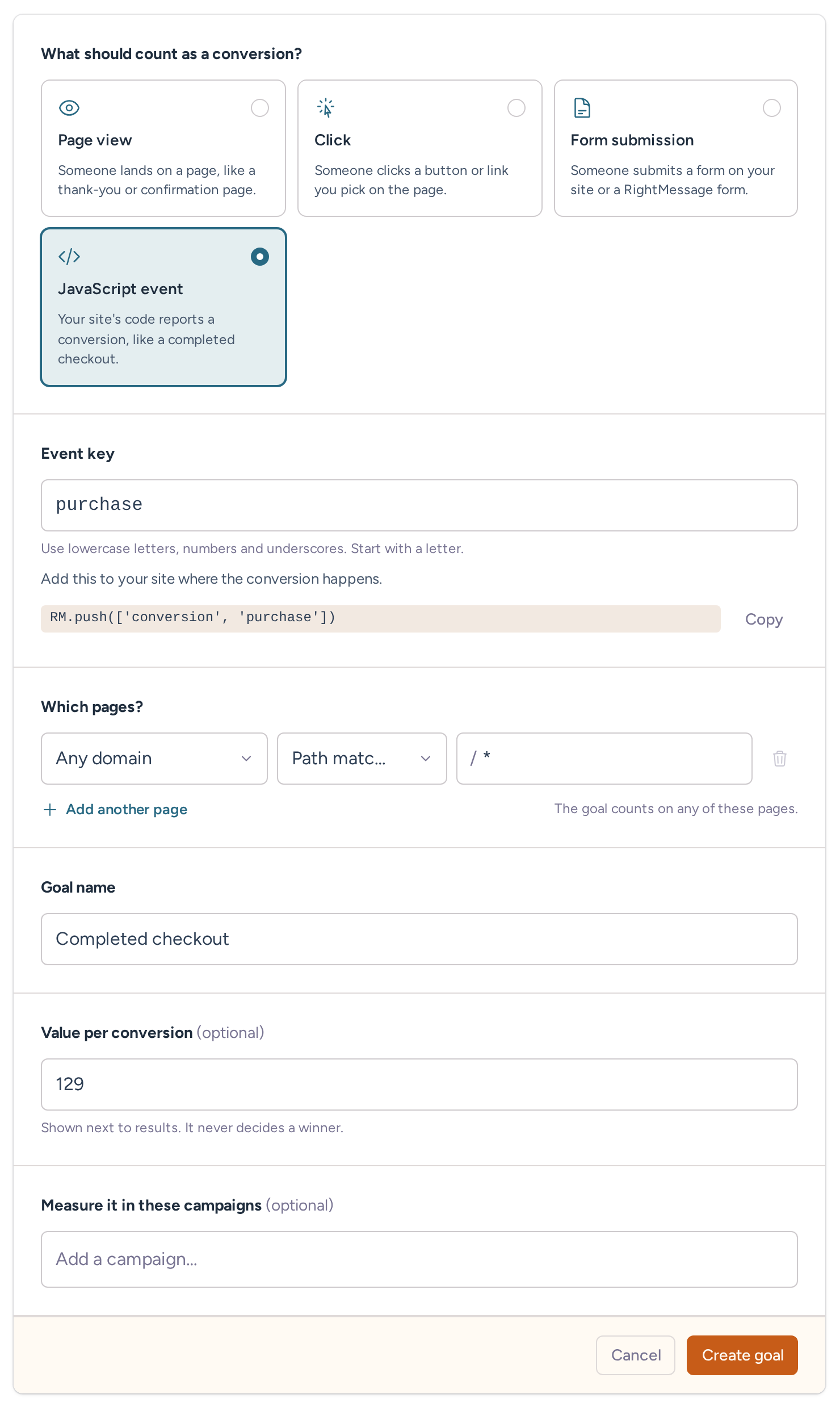 New conversion goal with the JavaScript event type selected, the event key purchase and a value per conversion