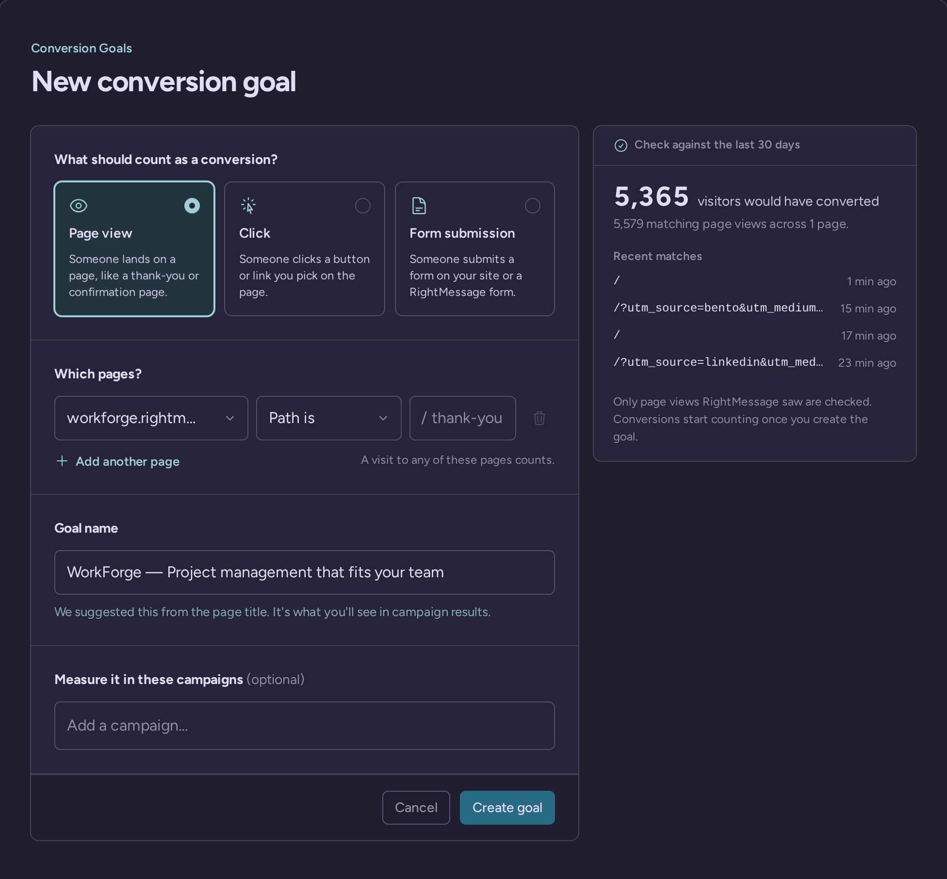 New conversion goal form with page-view rules and a historical match preview