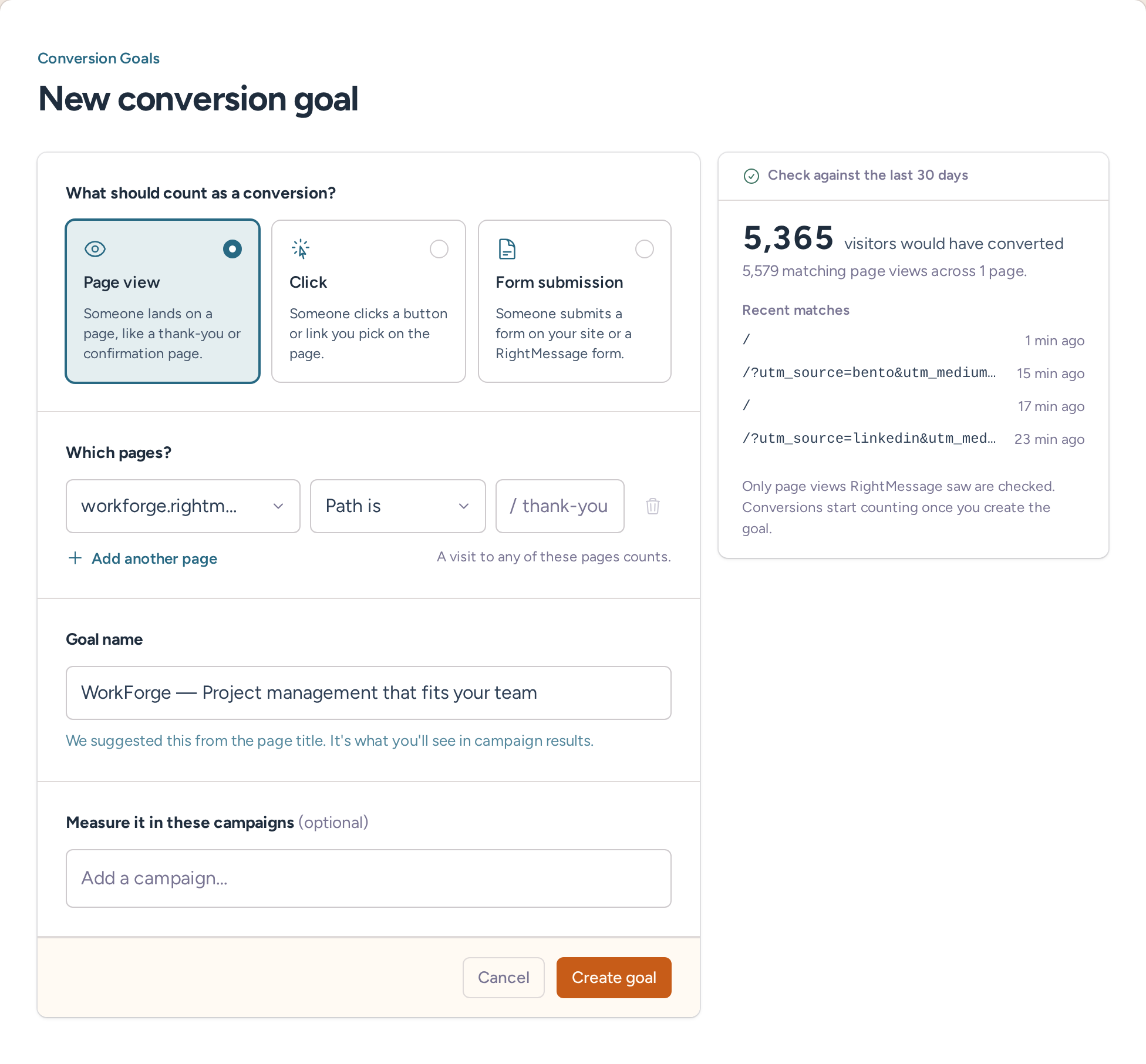 New conversion goal form with page-view rules and a historical match preview