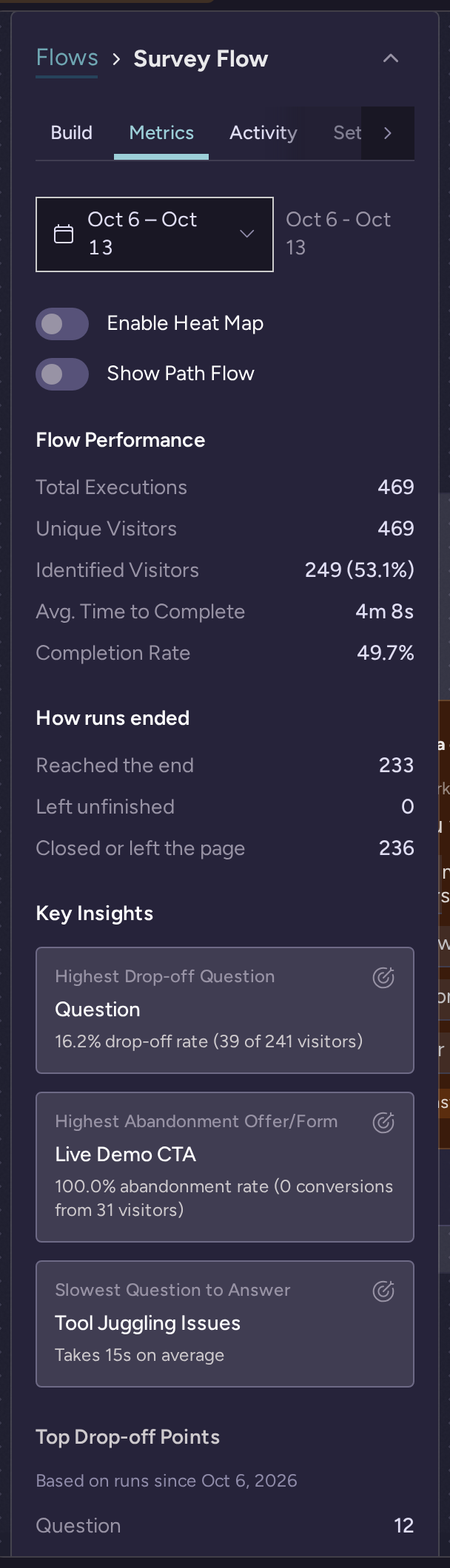 Survey Flow Metrics panel with the date range, heat map and path flow switches, and populated performance totals