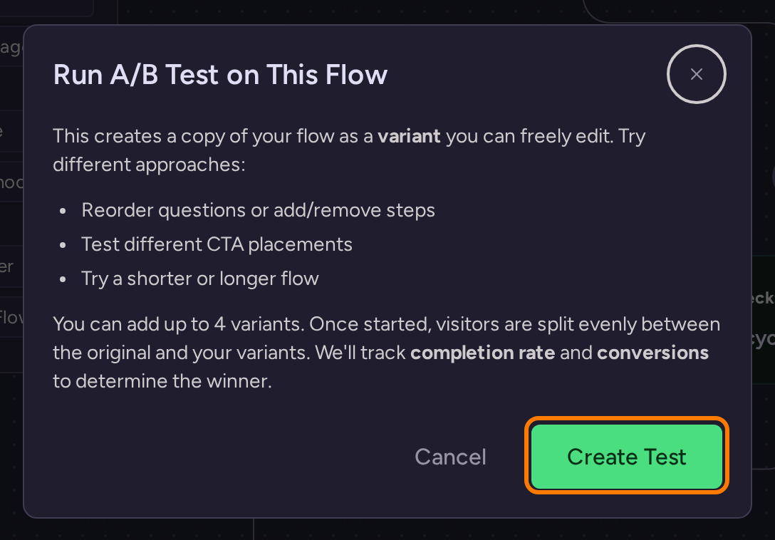 Run A/B Test on This Flow confirmation before a draft whole-flow test is created