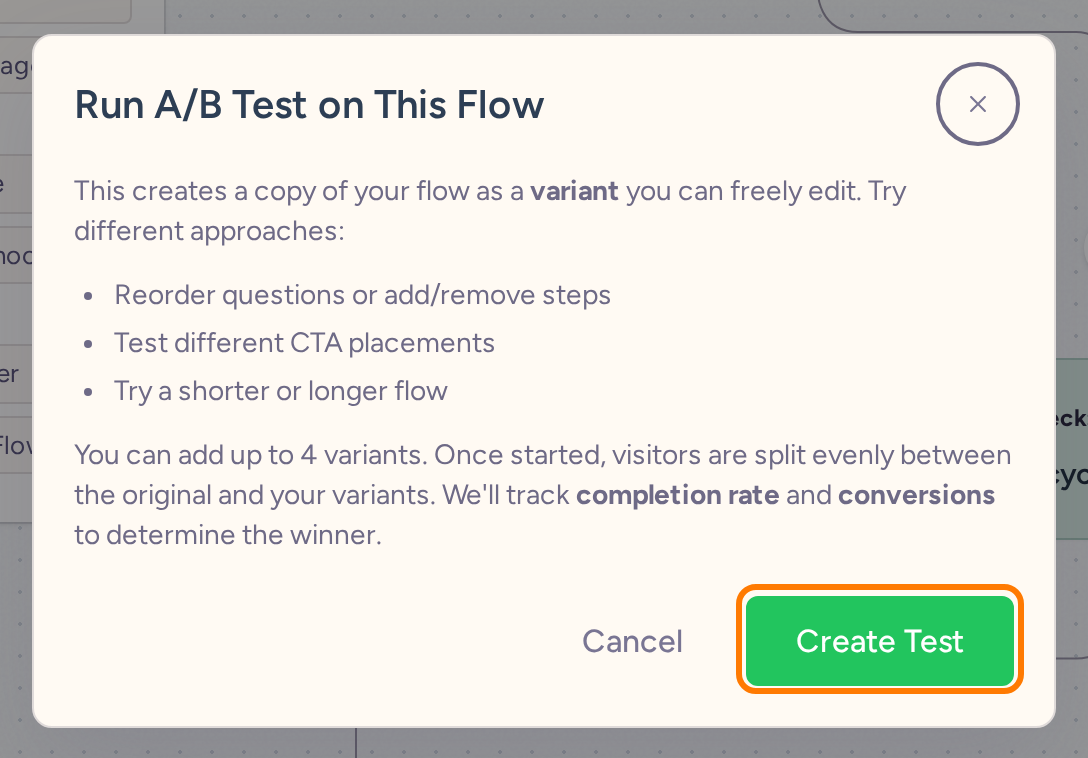 Run A/B Test on This Flow confirmation before a draft whole-flow test is created