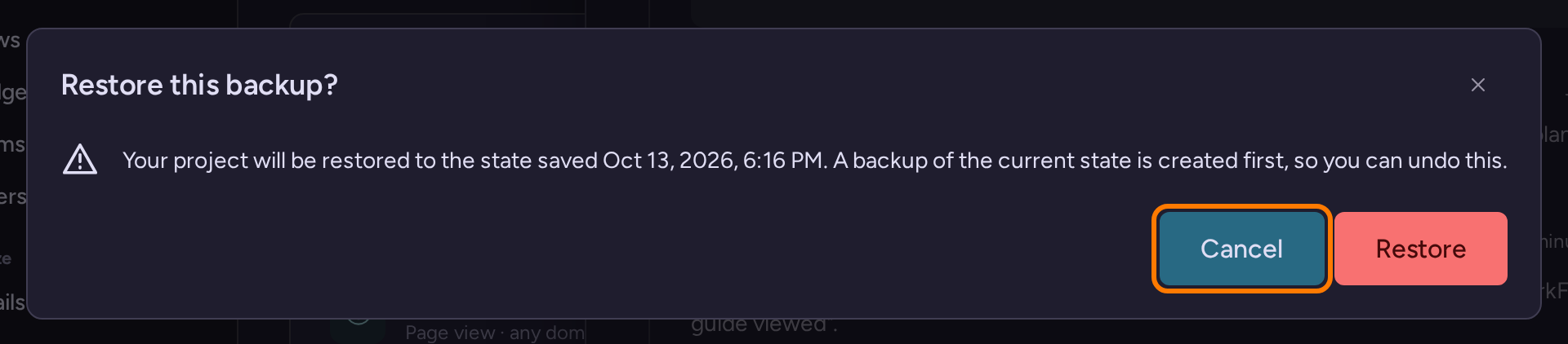Restore this backup confirmation explaining that the current project state is backed up first