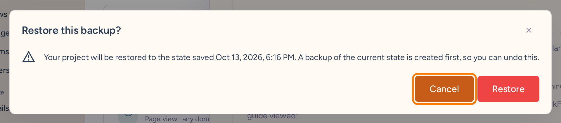 Restore this backup confirmation explaining that the current project state is backed up first