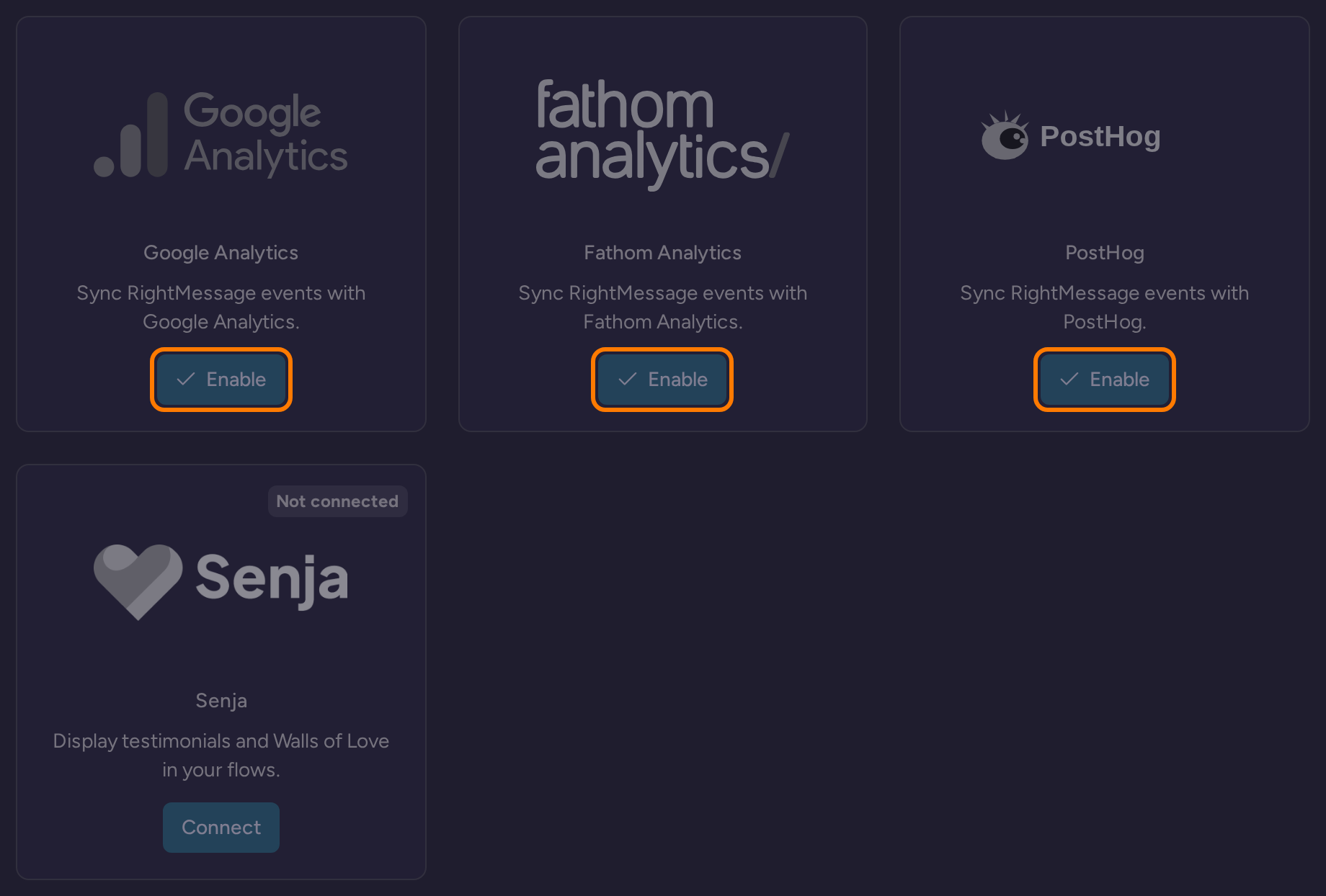 Other integrations with Google Analytics, Fathom Analytics, PostHog, and Senja connection controls