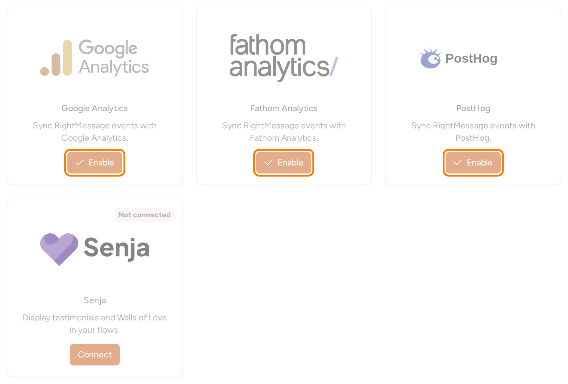 Other integrations with Google Analytics, Fathom Analytics, PostHog, and Senja connection controls