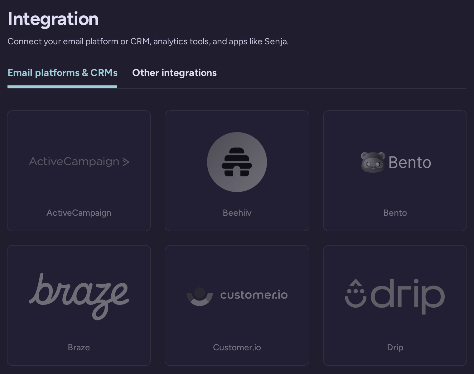 Unconnected email platform and CRM choices: ActiveCampaign, Beehiiv, Bento, Braze, Customer.io and Drip