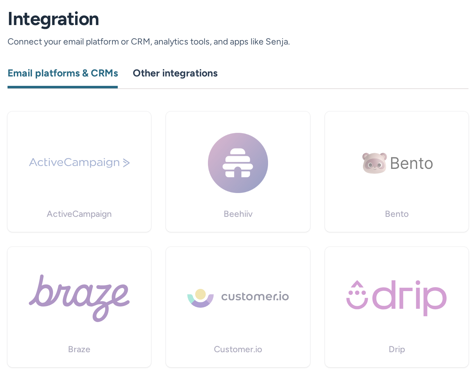 Unconnected email platform and CRM choices: ActiveCampaign, Beehiiv, Bento, Braze, Customer.io and Drip