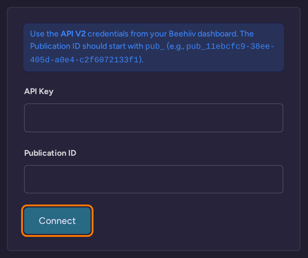 Beehiiv connection controls in RightMessage, with no credentials entered