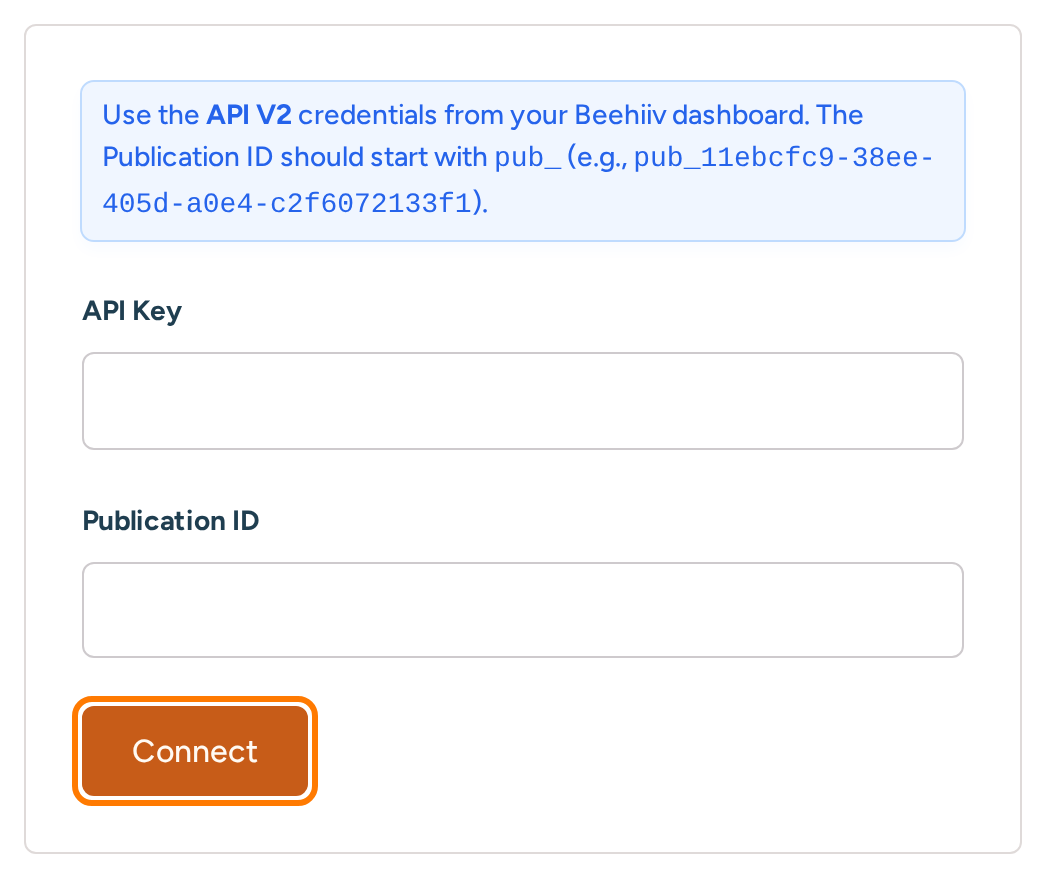 Beehiiv connection controls in RightMessage, with no credentials entered