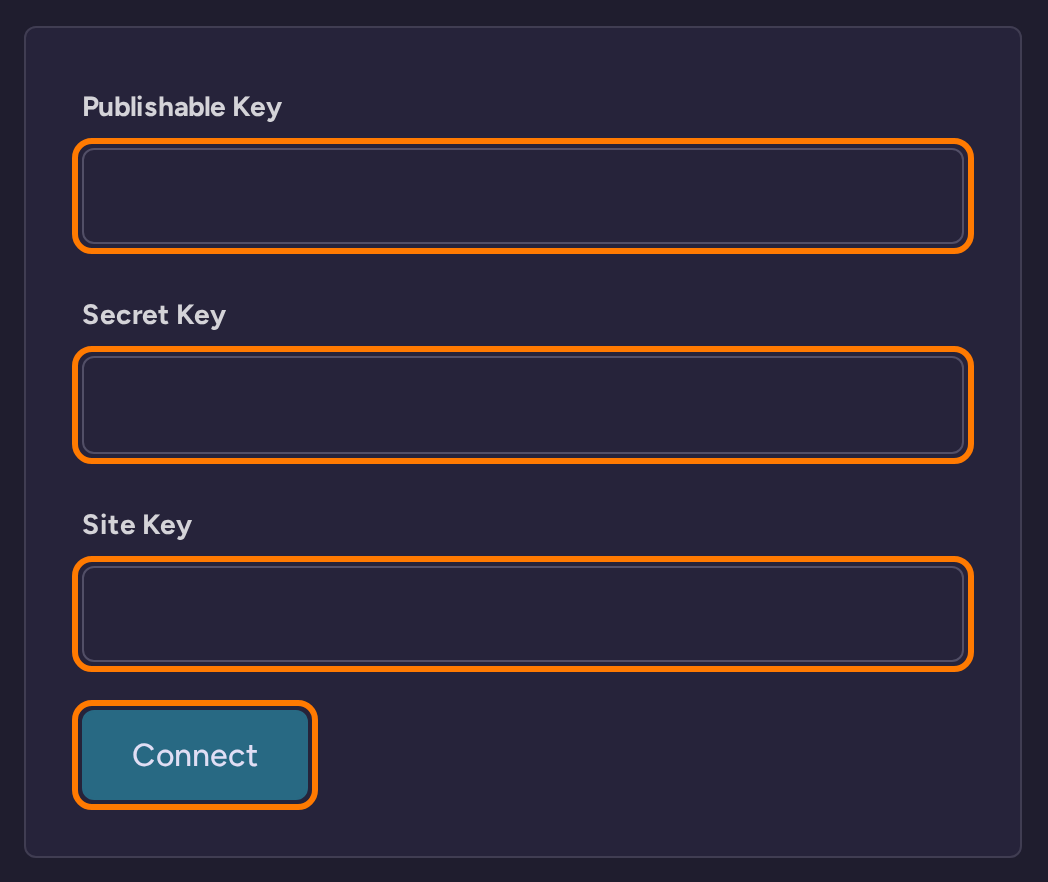 Bento connection form in RightMessage with the Publishable Key, Secret Key and Site Key fields and Connect button highlighted