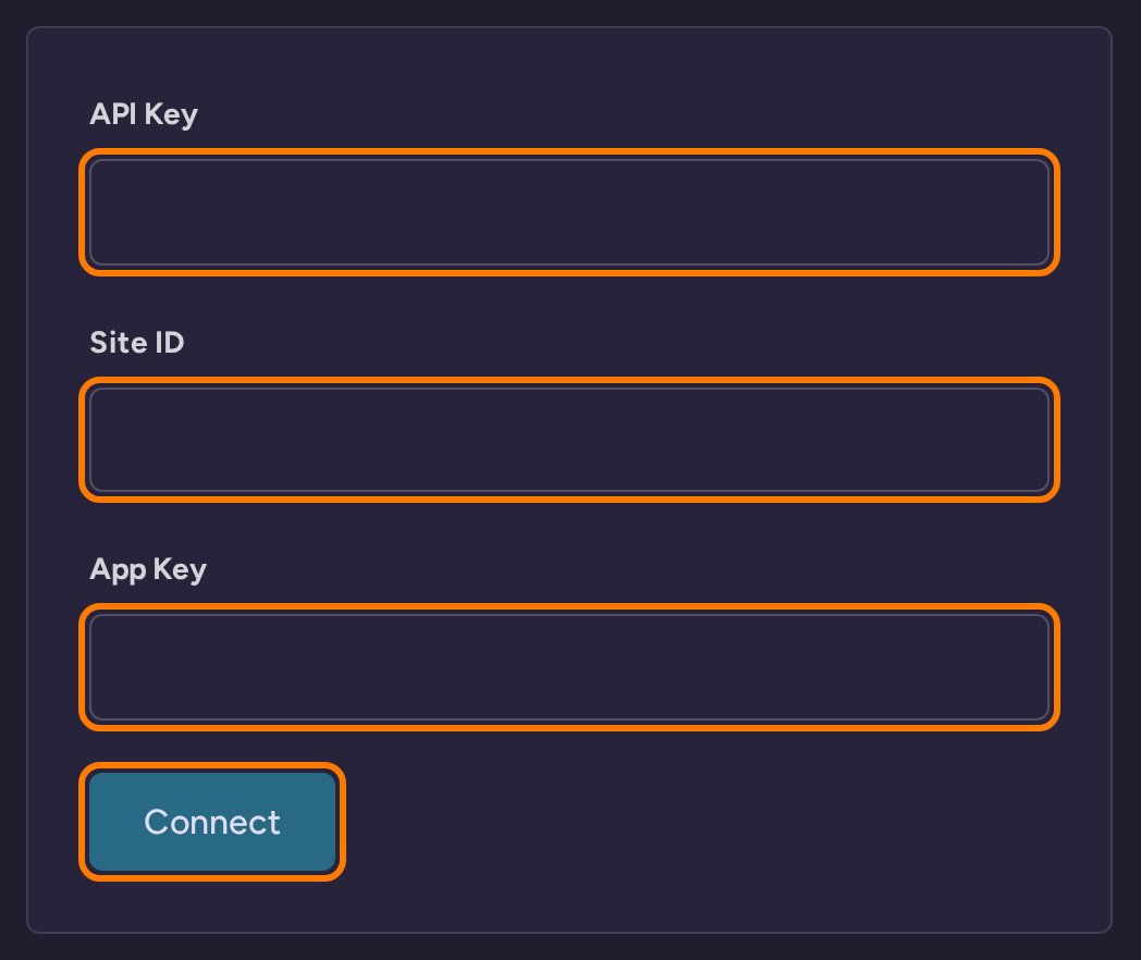 Customer.io connection form in RightMessage with the Site ID, API Key and App Key fields and Connect button highlighted