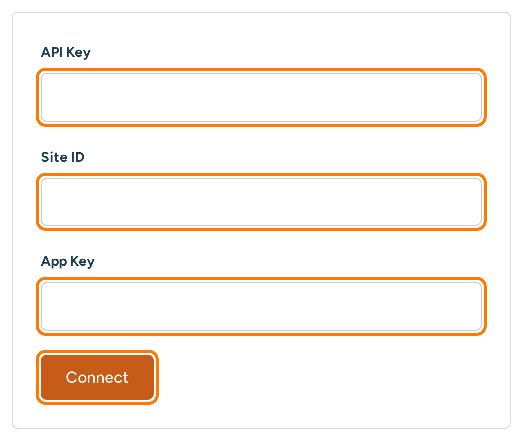 Customer.io connection form in RightMessage with the Site ID, API Key and App Key fields and Connect button highlighted