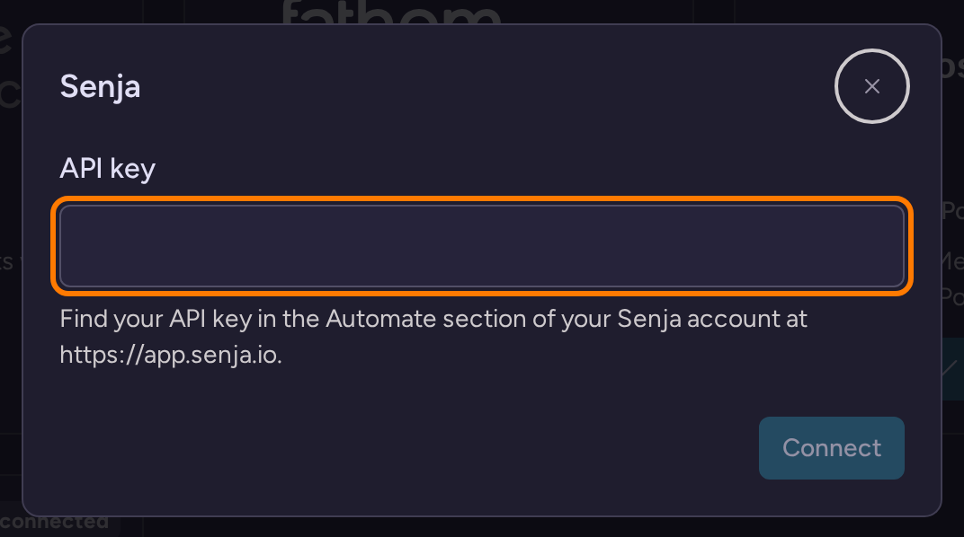 Senja connection dialog with an empty API key field and setup guidance
