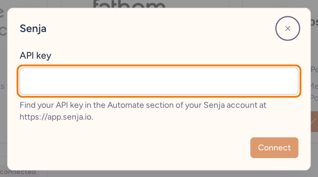 Senja connection dialog with an empty API key field and setup guidance