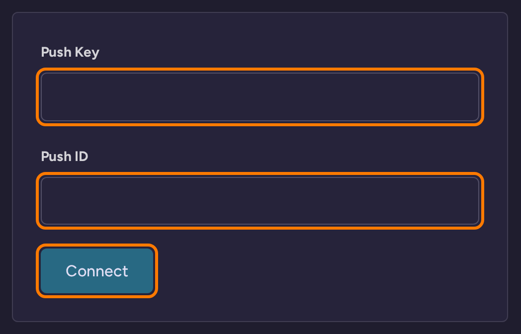Userlist connection form in RightMessage with the Push Key and Push ID fields and Connect button highlighted